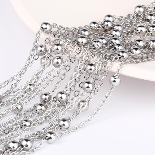 33 Feet Stainless Steel Satellite Bead Chains Roll, 2mm 304 Stainless Steel Ball Beaded Cable Link Chains Spool Bulk for Jewelry Making DIY Craft - color: Stainless Steel Big Beads Satellite Cable Chain
