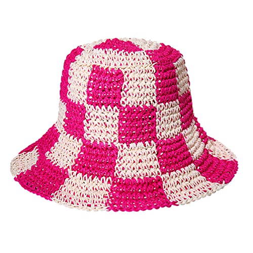 Sun Hats Checkerboard Straw Bucket Hat for Women Packable Crochet Wide Brim Floppy Beach Hats Traveling Summer Accessories - color: Hot Pink
