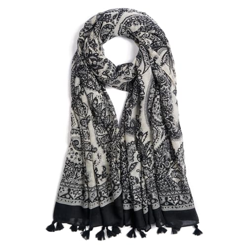 QIUTIMIY Scarf for Women Lightweight Soft Floral Leopard Printed Scarves Fall Winter Fashion Shawl Wrap with Fringe - color: Black Beige