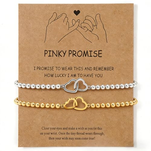 Matching Bracelets for Couple,Gold Silver Beaded Heart Couples Bracelets,Raomantic Relationship Promise Jewelry Gifts for Her - color: Double Heart