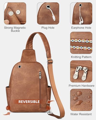FADEON Large Sling Bag for Women, Leather Crossbody Purse Designer Anti Theft Sling Backpack, RFID Fanny Packs for Travel - color: 1 Brown Retro Style