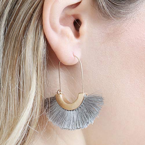 Bohemian Silky Thread Tassel Strand Fringe Statement Hoop Earrings - Lightweight Semi Circle Fan Threader, Mermaid Hoops - color: Fan Tassel Threader - Gray