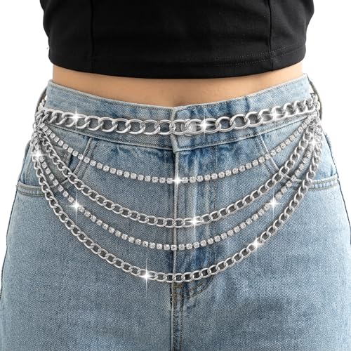 Multilayer Chain Belt, Rhinestone Cuban Belts Metal Chain Belts for Women Sparkly Waist Chain Body Jewelry for Women(silver)