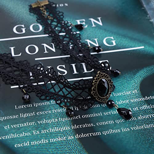 Boho Black Crystal Lace Choker Necklace Tassel Black Teardrop Necklace Choker Gothic Droplet Rhinestone Collar Necklace Retro Vintage Necklace Chain Jewelry for Women and Girls(Black A) - color: Black C