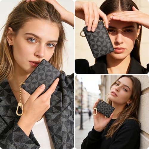 Leather Coin Purse for Women with KeyChain Small Zipper Change Purse coin Pouch Card Holder Wallet Clutch for Women & Men (Black) - color: Black