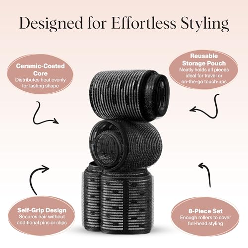 Kitsch Ceramic Hair Rollers for Women – Self-Grip Hair Curlers for Heatless Curl Overnight, Long-Lasting Frizz-Free Curls, Volumizing Large Rollers for All Hair Types – Black, 8 Count (Pack of 1)
