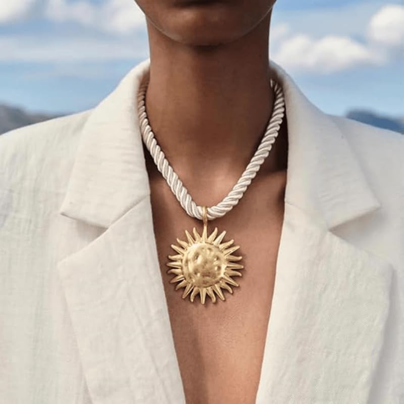 Exquisite Gold Sun Pendant Beige Rope Necklace - Retro Round Coin Necklace - Ladies