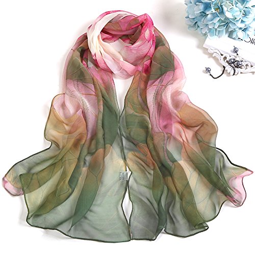 YOUR SMILE Ladies/Women's Lightweight Floral Print/Solid Color mixture Shawl Scarf For Spring Summer season - color: Green Pink Lotus