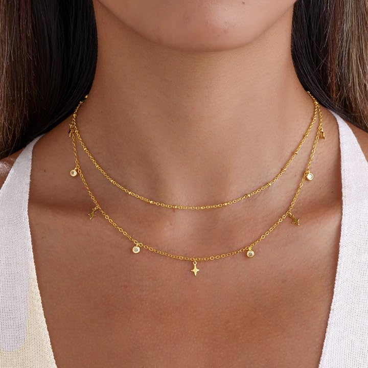 Layered Necklaces For Women,Dainty Gold Plated Necklace Stack Prom Layering Necklaces For Women Trendy Chain Cross Choker Necklace Set Fashion Accessories - color: star+satellite