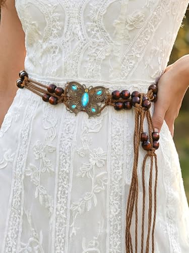 Fstrend Women's Woven Waist Belt Chain,Turquoise Braided Belts with Wooden Beads,Adjustable Belly Accessory for Dress (D) - color: D