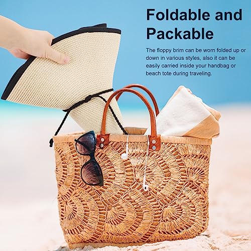 DRESHOW Beach Hats for Women Big Straw Wide Brim Summer Hat Floppy Foldable Roll up Cap Sun Hat UPF 50+ - color: Ab Beige 5.9" Brim