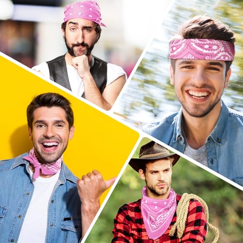 PLULON Bandanas for Men Women 4/12/24/30 Pack, Paisley Pattern Bandana Bulk Headbands Handkerchief Face Mask 100% Polyester - color: Pink
