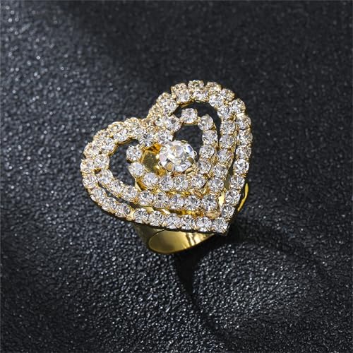 Sparkling Rhinestone Ring Bohemia Thick Large Oval Geometric Ring Square Princess Rings Fashion Heart Zircon Crystal Ring Prom Wedding Party Ball Rings for Women - color: Heart-shaped