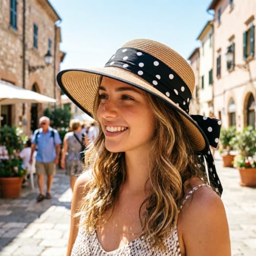 DRESHOW Sun Hats for Women Travel Fedora Foldable Beach Sun Hat Summer Wide Brim Straw Bucket Hat with Bowknot UPF 50+ - color: 1 Pack Bowknot Straw Hat: Khaki (Black Polka Dot Band)