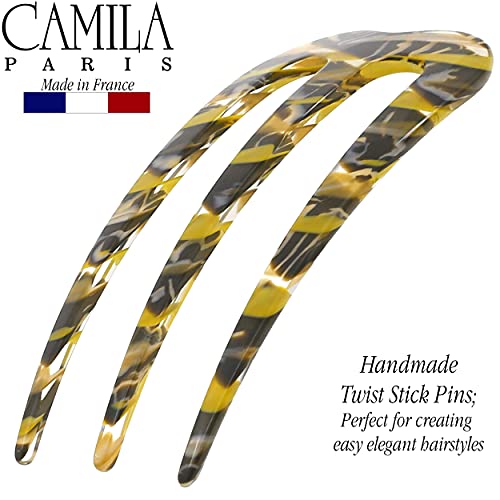 Camila Paris CP3167 French Twist Stick Clip Pins, Mustard, Wavy Hair Pin 3-Prong Hair Fork for Girls Spiral Updo Chignon Bun Holder, Flexible Styling Hair Accessories for Women, Handmade in France - color: 3-Prong Mustard