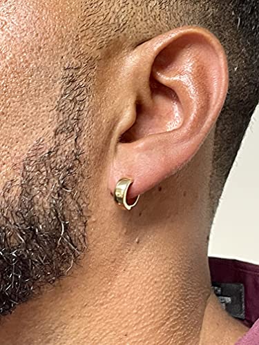 14K Gold Huggie Hoop Earrings (5mm Wide Huggie), Real 14k Gold Hoops - style: Yellow Gold 13mm