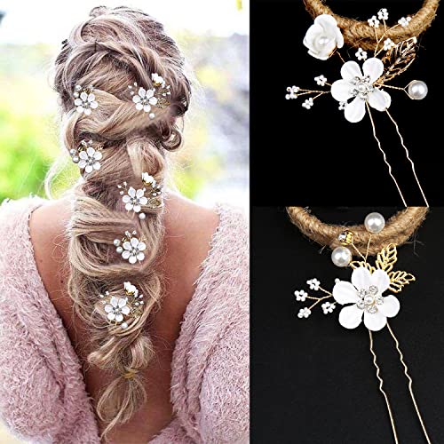 6 PCS Bridal Flower Wedding Hair Pins Crystal Pearl Hair Clips Headpiece Gold Wedding Hair Accessories Jewelry with Rhinestone for Brides Bridesmaids Women Girls Updo (Pure White Flower) - color: Pure White Flower