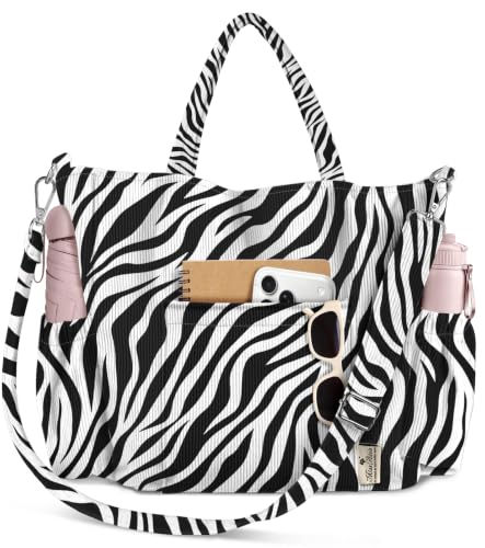 Miss Adola Crossbody Corduroy Tote Bag for Women, Large Tote Bag with Multi-Pockets and Zipper for Travel Work - color: Zebra Print