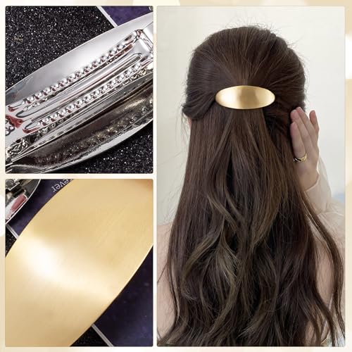 HINZIC 2pcs Oval Hair Barrette, Metal Large Hair Clip, Vintage French Wedding Prom Formal Hairpins Accessories for Women Thick Thin Long Short Curly Straight Hairstyles- Gold & Silver - color: Gold & Silver