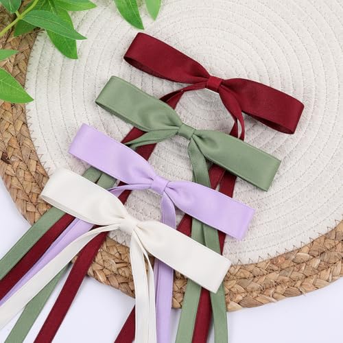 WORTL Hair Bows Clips Coquette Ribbon Bowknot with Long Tail Princess Hair Bows French Barrettes Hair Accessories for Women Girls 16PCS (Wine Red, Beige, Green, Purple) - color: Wine Red, Beige, Green, Purple