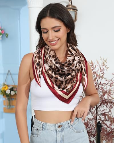 AWAYTR 35” Satin Head Scarf for Women Like Silk Scarf for Hair Scarf Satin Hair Bandana Women Headscarf Hair Wrap Scarf Neck - color: Leopard - Dark Red