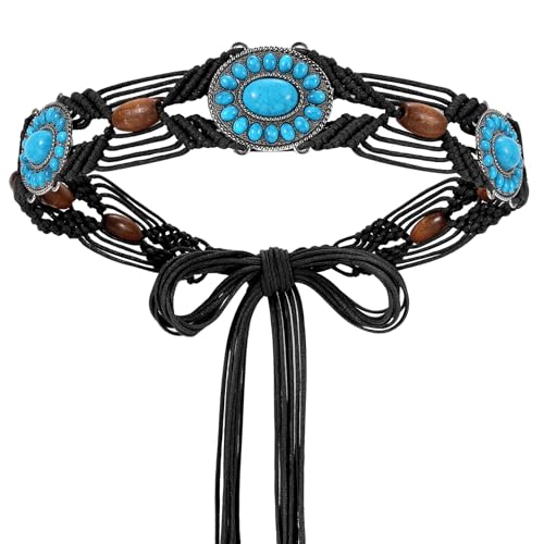 WHIPPY Boho Turquoise Belt for Women Wax Rope Braided Waist Belt Western Hand-Woven Bead Tassel Belts for Dress, 2” Wide - color: Black