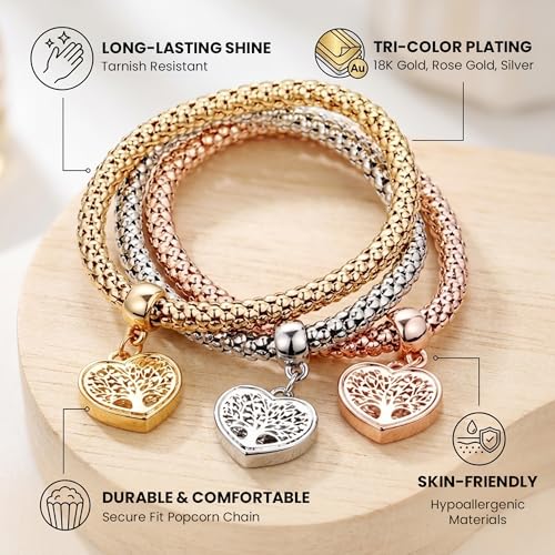 Aphrodite's Tree of Life Heart Edition Charm Bracelet with Austrian Crystals – Gold, Silver & Rose Gold Plated Popcorn Chain Bracelet Set for Women