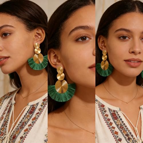 Women's Dark Green Boho Fringe Earrings, Statement Dangling Green Earrings, Bohemian Hippie Fringe Jewelry for Party, Date & Social Occasions