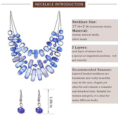 3 Layered Chunky Statement Necklace for Women Beaded Strand Necklaces with Earring Fashion Costumes Collar Necklace Jewelry Sets Gifts for Women - color: 50-Sapphire