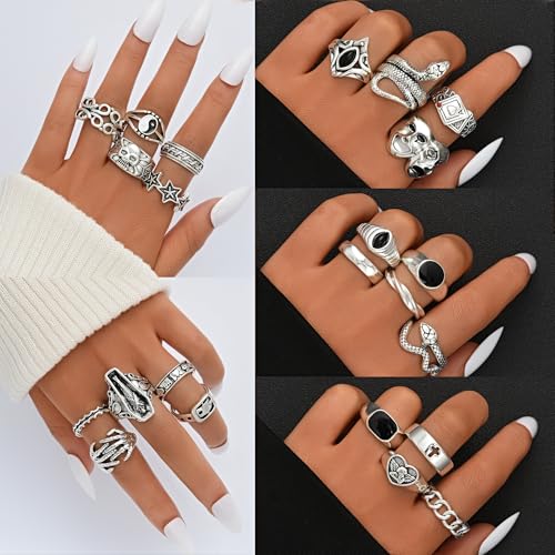 FAXHION 24-60 Pcs Gold Stackable Rings for Women, Knuckle Rings Chunky Gold Ring Set Dainty Stacking Cute Rings, Multiple Sizes Cute Jewelry Set Gift - style: Halloween skeleton