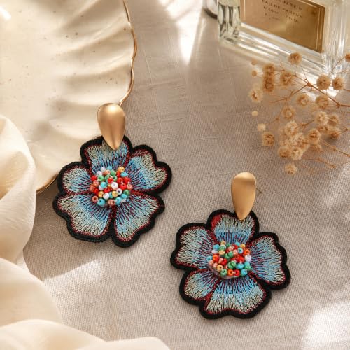 Boho Floral Embroidered Earrings with Colorful Bead Accents and Crystal Center for Women - color: Light Blue
