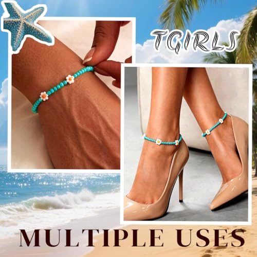 Tgirls Boho Ankle Bracelets for Women Beaded Anklets Chain Beachy Flower Foot Accessories - color: Turquoise