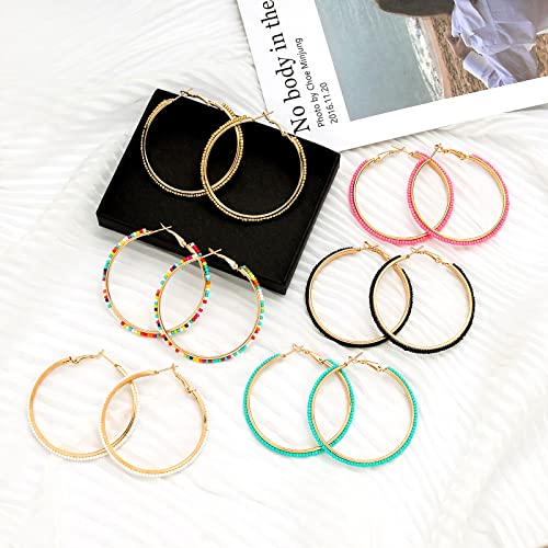 Jinxiuge 6 Pair Beaded Hoop Earrings Boho Flower Round Earrings Women's Handmade Earrings Set - style: Style-B