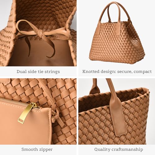 Woven Tote Bag for women,Vegan Leather Woven Satchel Handbag,Shoulder bag with Pouch,Hobo bag fits13-14” laptops - color: Khaki