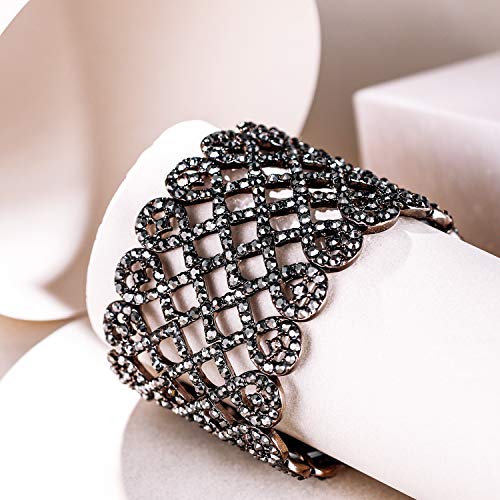 EVER FAITH Art Deco Love Knot Wide Stretch Bridal Bracelet Austrian Crystal - color: Black Black-Tone