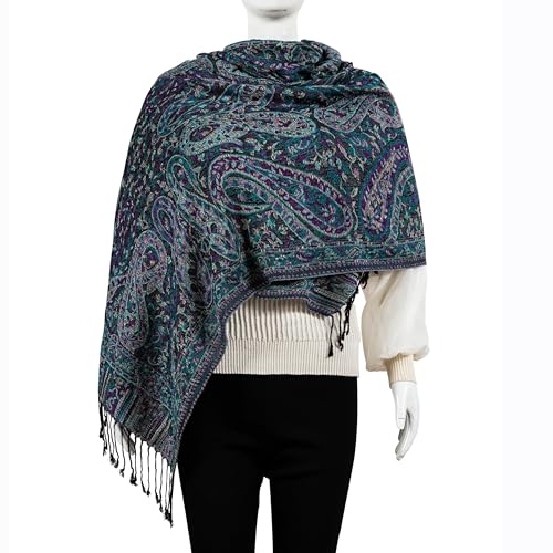 AUSEKALY Pashmina Feel Shawls Wraps for Women Rave Scarf Soft Silky Reversible Men Scarves - color: Black Green Purple
