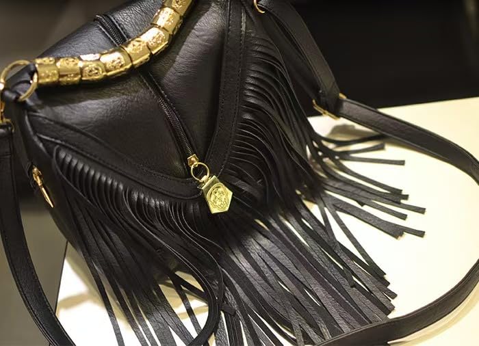 Tassel Shoulder Bag, Vintage Stylish Women PU Leather Bohemian Fringed, Vintage Hobo Crossbody Bag,Fringe Handbag - color: Black Red-1