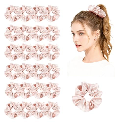 24Pack Satin Scrunchies For Women Silky Scrunchy Silk Hair Ties Ponytail Holder Hairs Bow Ropes Elastics Hairtie Accessories - color: Pale Blush