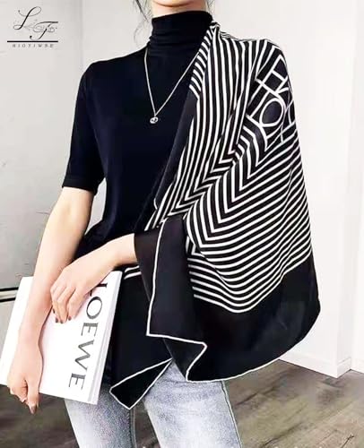 Hioyiwse Head Scarf For Women Hair Bandana 35" Large Square Satin Wrap Sleeping Neck Silk Satin Hair Scarves Lightweight - color: F1-black With White Stripes(35*35inch）