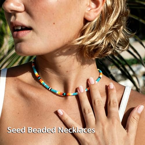 Tgirls Boho Choker Necklace Chain Rice Beaded Necklaces Seed Bead Necklace Accessory for Women - color: colourful 1