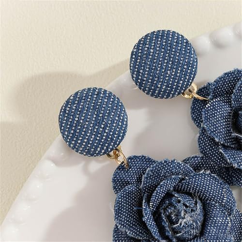 coadipress Boho Denim Camellia Flower Dangle Earrings for Women Exaggerated Big Layered Tiered Blossom Floral Drop Long Earring Chic Statement Earrings Wedding Bridal Jewelry Gifts - style: 2 Flower Dark Blue