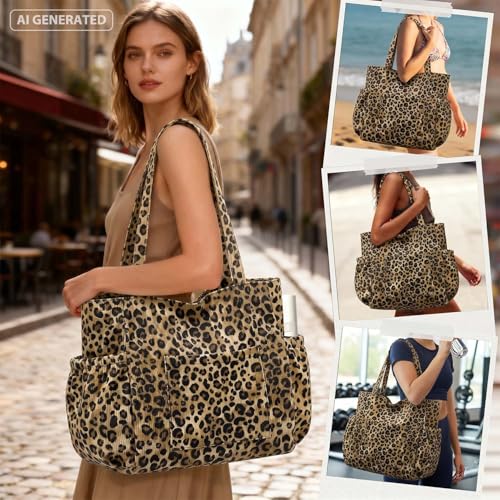 Corduroy Tote Bag for Women,Large Capacity Cute Tote Bags With 6 Pockets,Crossbody Shoulder Handbag for Work Travel Gym - color: Leopard Print