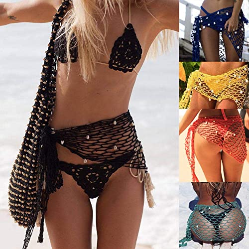 Handmade Crochet Sarong Coverup for Women with Seashells & Fishnet Trim - Adjustable Beach Wrap Skirt for Swimsuits, Boho Mesh Cover Up Skirt with Tassels, Lightweight Bikini Beach Scarf