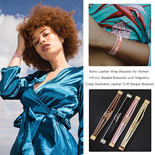 Long tiantian Leather Bracelets for Women Men Heart Wrap Bracelets Western Jewelry Cowgirl Outfits Birthday Gifts for Her - color: E4:pink leather wrap bracelet