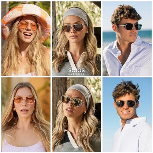 SOJOS Retro Polarized Square Sunglasses for Women Men Vintage Large Double Bridge UV Protection Metal Sun Glasses SJ1246 - color: Gold/Brown