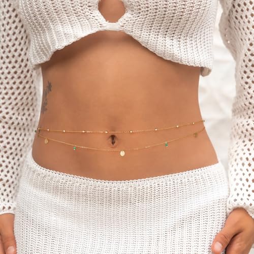 MFRYK 2PCS 14K Gold Plated Waist Chain Layered Pearl Cuban Beaded Satellite Figaro Belly Body Chain Boho Beach Waist Chains For Women Adjustable Waterproof Sexy Bikini Body Chain Jewelry For Women - style: Boho Green Layered-Gold