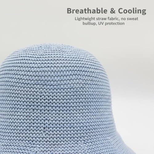 Women Straw Hat Beach Sun Cap Foldable Paper Knitted for Travel Summer Vacation Soft Lightweight Breathable - color: Blue