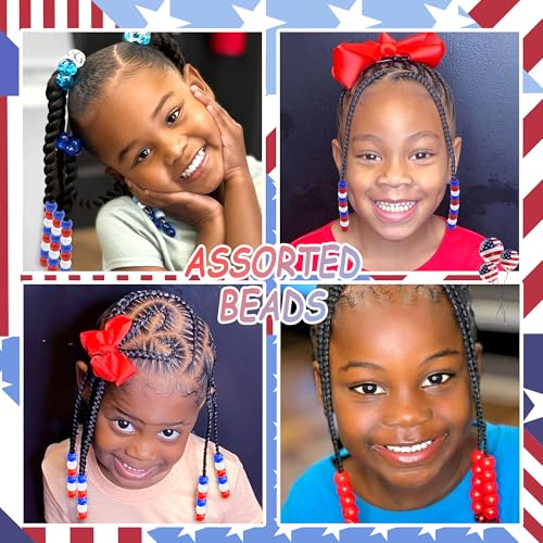 NAISKA 114PCS 4th of July Beads for Hair Blue Red Hair Beads Patriotic Bead Sets 12 Styles Loc Bead 250th Anniversary Independence Day Hair Accessories for Kids Girls - color: Blue&Red&White