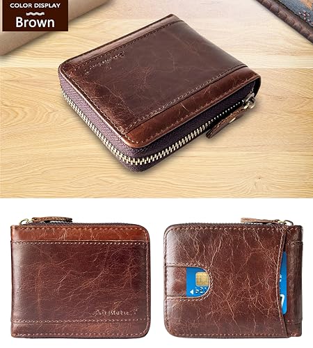 Admetus Mens RFID Blocking Wallets Zipper Leather Wallet for Men Bifold RFID Card Holder - color: Brown159