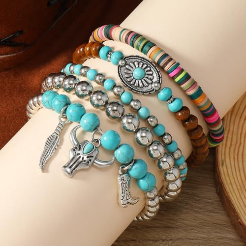 Western Outfit for Women Bohemian Vintage Stackable Turquoise Bracelet Rustic Beaded Cow Head Charm Stretch Bracelet Western Jewelry Country Concert Outfits for Women - style: Bullhead Tree Leaves